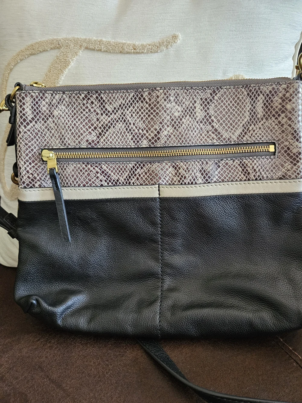 Fossil Black & Taupe Snake-Print Leather Crossbody Bag